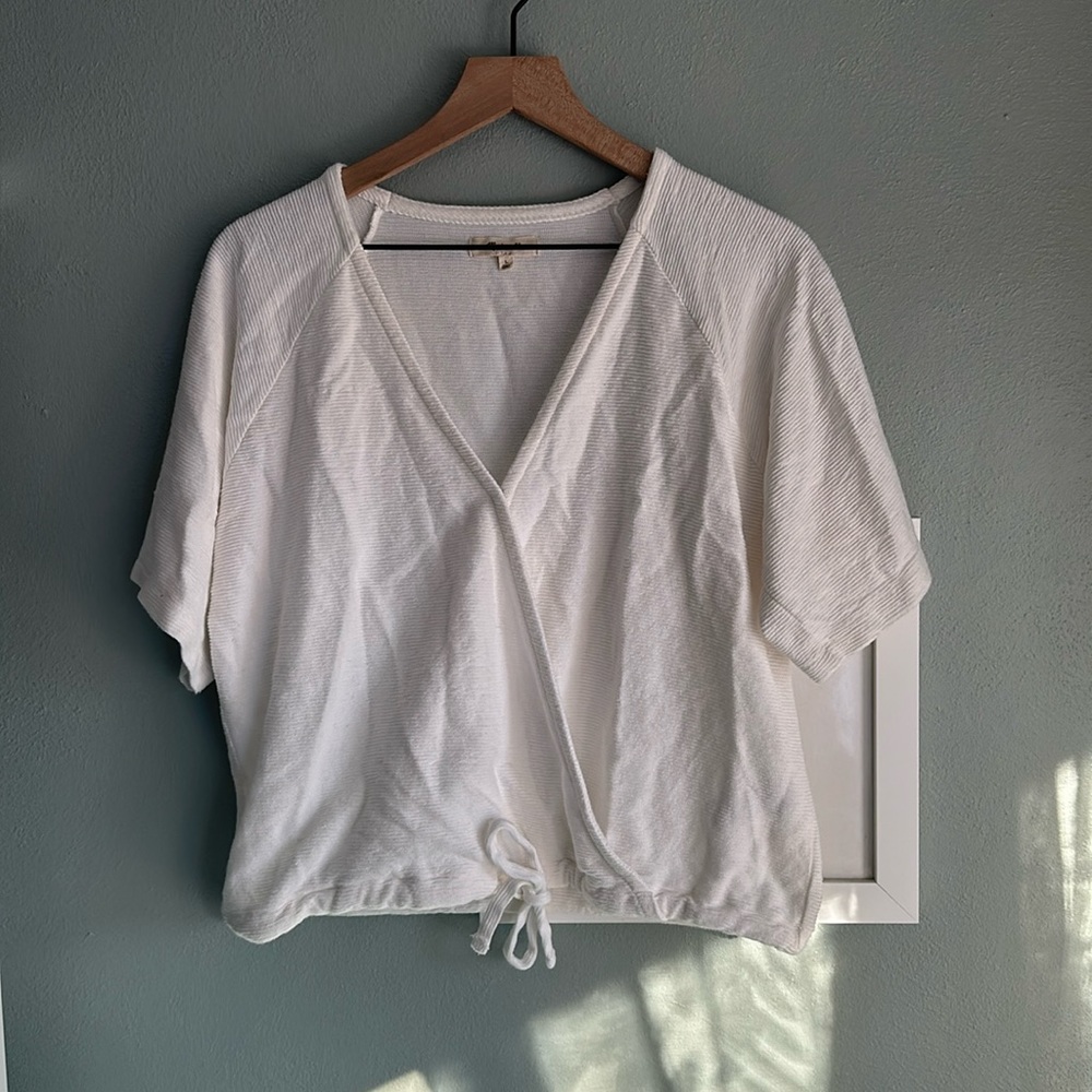 Madewell dolman ribbed tie waist surplice short sleeved top, ivory, large